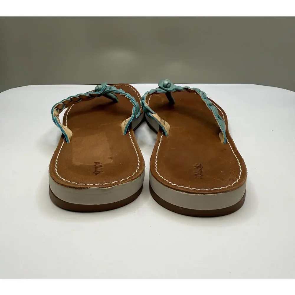 Olukai Kahiko Braided Leather Thong Sandals Sz 8 Flip Flops Turquoise Boho Flat - Picture 6 of 10